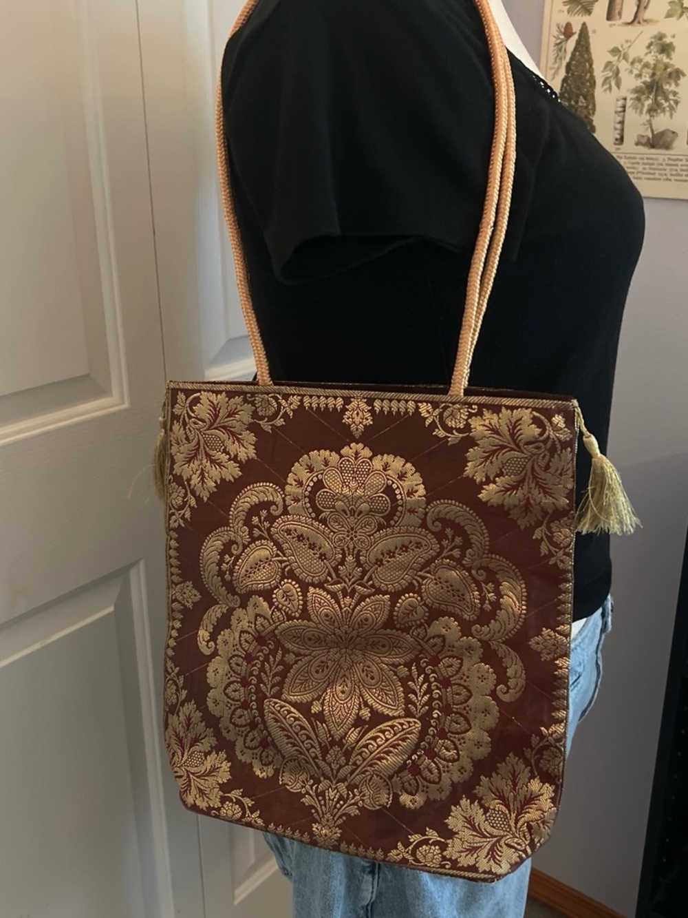 Gold-Embroidered Brown Tote Bag